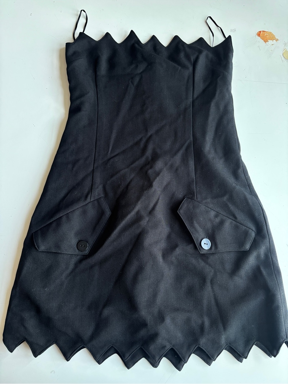 Black Scalloped Trim Slip Dress with Flap Pockets